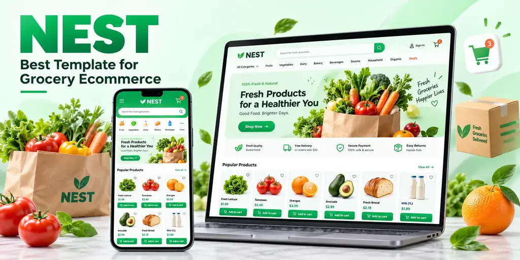 Nest grocery ecommerce website shown on a laptop and phone beside a bag of fresh vegetables